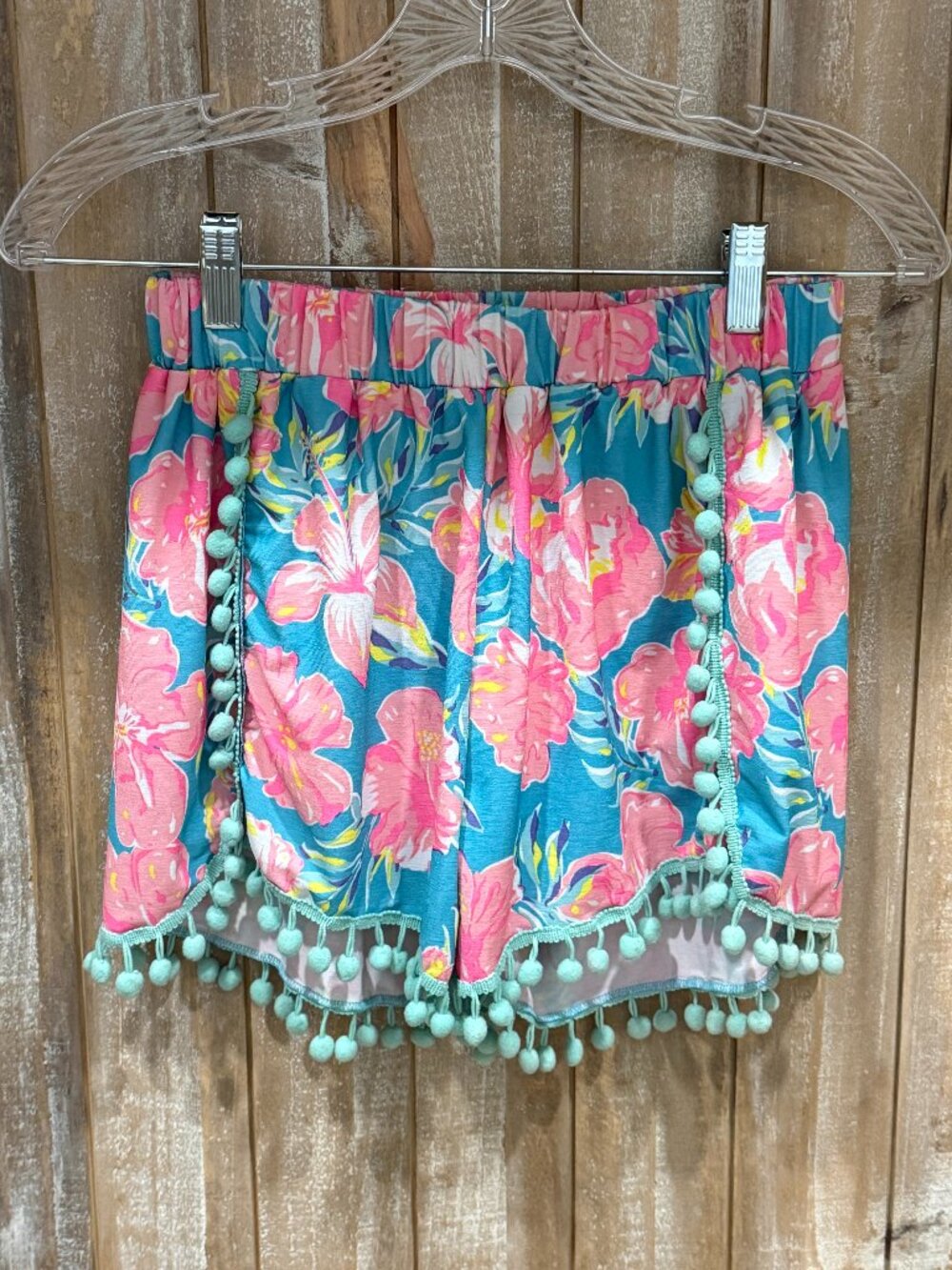 Simply Southern Women's Floral Shorts Small/Medium Pink Blue Pom Pom